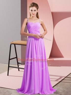 On Sale Spaghetti Straps Sleeveless Prom Party Dress Sweep Train Ruching Lilac Chiffon