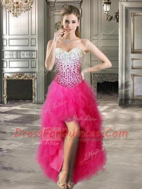 Modest A-line Prom Dresses Hot Pink Sweetheart Tulle Sleeveless High Low Lace Up