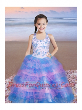 Multi-color Little Gril Pageant Dress with Beaded and Ruffles Decorate Halter