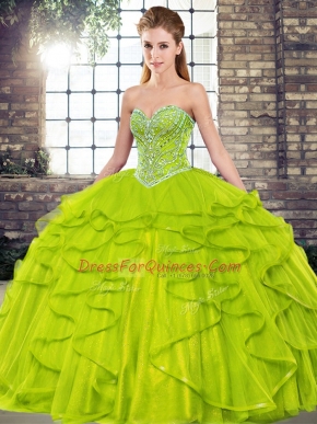 Deluxe Olive Green Sleeveless Beading and Ruffles Floor Length Quinceanera Dresses