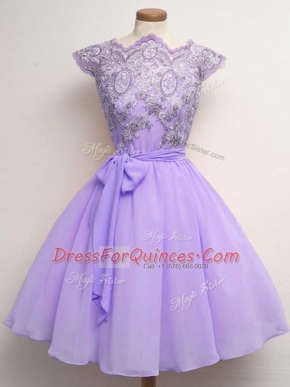 Lavender Cap Sleeves Chiffon Lace Up Damas Dress for Prom and Party and Wedding Party