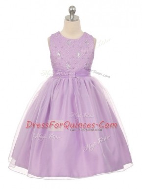 New Style Lavender Tulle Lace Up Scoop Sleeveless Knee Length Toddler Flower Girl Dress Beading