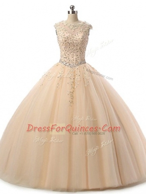 Attractive Champagne Scoop Neckline Beading and Lace Sweet 16 Dresses Sleeveless Lace Up