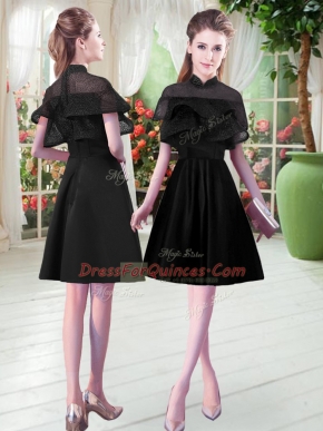 Black Zipper Party Dress Lace Short Sleeves Knee Length