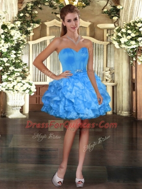 Baby Blue Ball Gowns Sweetheart Sleeveless Organza Mini Length Lace Up Ruffles Homecoming Dress