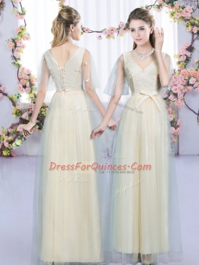 Dramatic Tulle Sleeveless Floor Length Dama Dress for Quinceanera and Lace and Bowknot