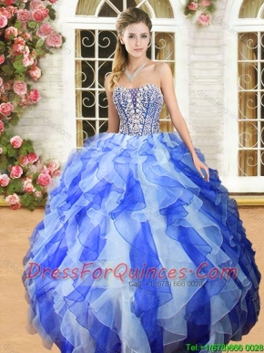 New Royal Blue and White Quinceanera Dress with Beading and Ruffles