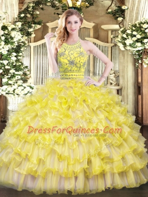 Beading and Ruffles Quinceanera Dress Gold Zipper Sleeveless Floor Length