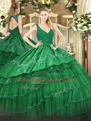 Floor Length Green Quinceanera Gown Satin and Tulle Sleeveless Beading and Embroidery and Ruffled Layers