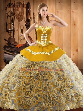 Multi-color Ball Gowns Embroidery Sweet 16 Dresses Lace Up Satin and Fabric With Rolling Flowers Sleeveless With Train