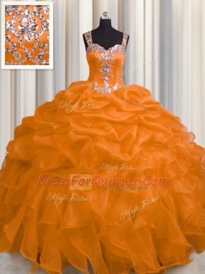 Fabulous See Through Zipper Up Floor Length Ball Gowns Sleeveless Orange Quinceanera Gowns Zipper