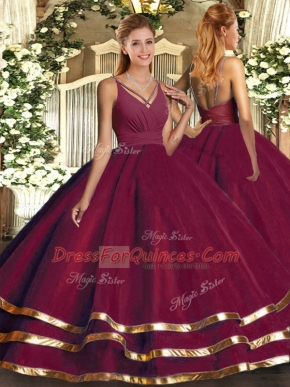 Beautiful Burgundy Backless V-neck Ruching Vestidos de Quinceanera Tulle Sleeveless