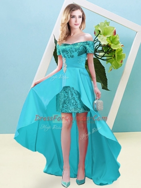 Aqua Blue Elastic Woven Satin and Sequined Lace Up Off The Shoulder Short Sleeves High Low Prom Party Dress Beading
