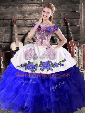 Off The Shoulder Sleeveless Ball Gown Prom Dress Floor Length Embroidery and Ruffles Royal Blue Organza