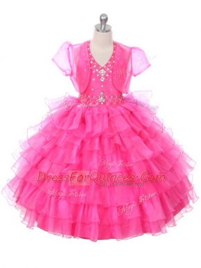 Hot Pink Sleeveless Beading and Ruffled Layers Floor Length Little Girl Pageant Dress