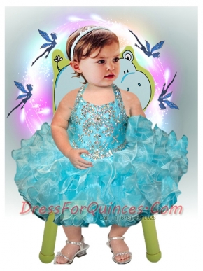 Fashionable Ball Gown Halter Top Tea-length Beading Bowknot Blue Little Girl Dresses