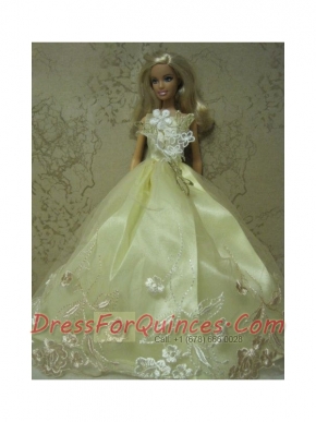 Yellow Green Handmade Dress With Embroidery Gown for Barbie Doll