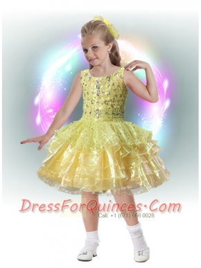 Elegant A-Line Scoop Knee-length Beading Ruffled Layers Yellow Flower Girl Dress