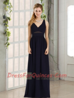 2015 Empire V Neck Zipper Up Dama Dress in Navy Blue