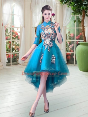 Great Half Sleeves Tulle High Low Zipper Prom Evening Gown in Teal with Appliques