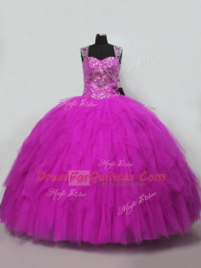 Inexpensive Ball Gowns 15 Quinceanera Dress Fuchsia Straps Tulle Sleeveless Floor Length Lace Up