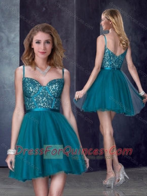 Perfect Spaghetti Straps Applique Short Dama Dress in Turquoise