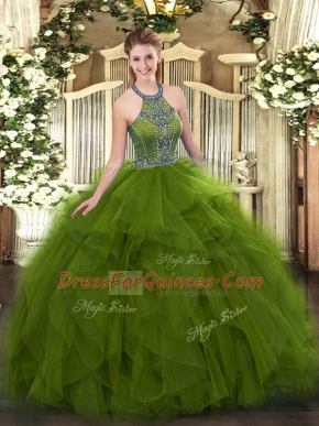 Flare Floor Length Olive Green Quinceanera Gown Tulle Sleeveless Beading and Ruffles