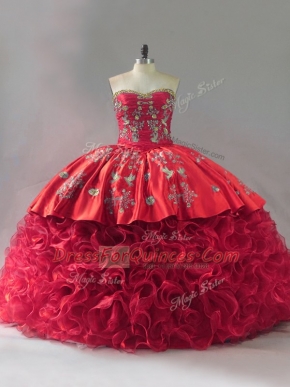 Fabric With Rolling Flowers Sweetheart Sleeveless Brush Train Lace Up Embroidery Sweet 16 Dress in Red