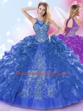 Organza Halter Top Sleeveless Lace Up Appliques and Ruffled Layers Quinceanera Dress in Royal Blue