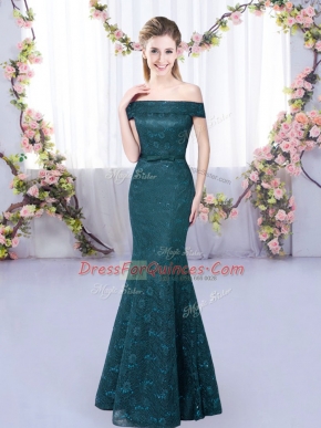 Most Popular Floor Length Peacock Green Court Dresses for Sweet 16 Off The Shoulder Sleeveless Lace Up