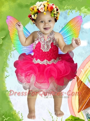 Coral Red Halter Knee-length Exquisite Little Girl Dress with Appliques and Ruffles
