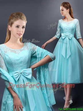 Romantic Aqua Blue Scoop Half Sleeves Prom Dresses with Bowknot