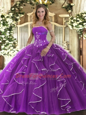 Customized Purple Sweet 16 Dresses Military Ball and Sweet 16 and Quinceanera with Beading and Ruffles Strapless Sleeveless Lace Up