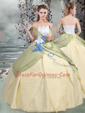 Fabulous Taffeta Sleeveless Floor Length Ball Gown Prom Dress and Ruching and Hand Made Flower