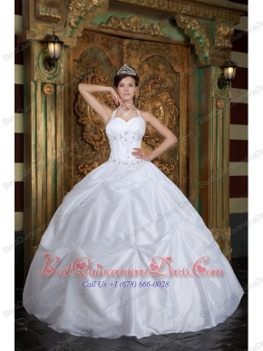 White Ball Gown Halter Floor-length Taffeta Beading Quinceanera Dress