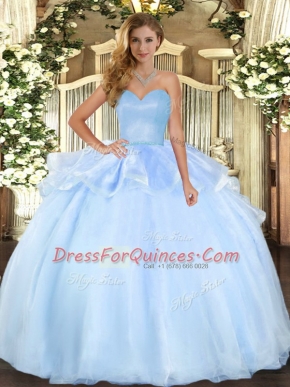 Light Blue Sleeveless Organza Lace Up Sweet 16 Dresses for Military Ball and Sweet 16 and Quinceanera