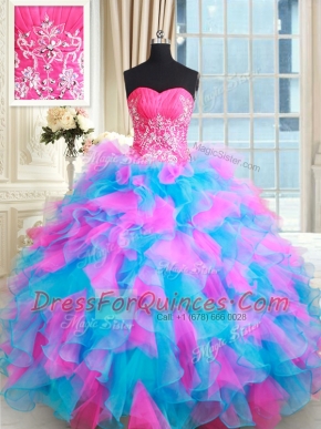 Fantastic Sweetheart Sleeveless Organza Quince Ball Gowns Beading and Ruffles Zipper