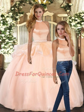 Fantastic Peach Halter Top Neckline Beading Sweet 16 Dresses Sleeveless Backless