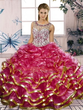 Fuchsia Lace Up Scoop Beading and Ruffles Sweet 16 Quinceanera Dress Organza Sleeveless