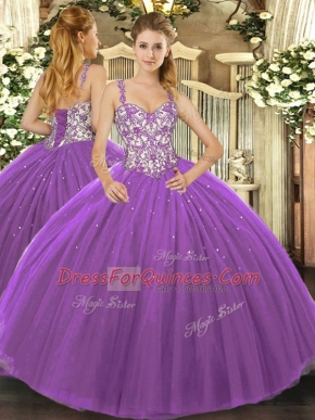 Floor Length Lace Up Quinceanera Gowns Purple for Sweet 16 and Quinceanera with Beading and Appliques