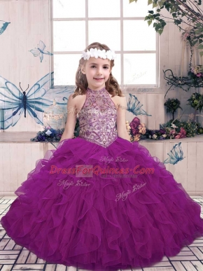 Floor Length Ball Gowns Sleeveless Purple Girls Pageant Dresses Lace Up