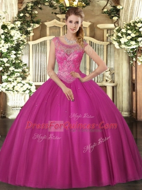 Scoop Sleeveless Lace Up Quinceanera Dresses Fuchsia Tulle