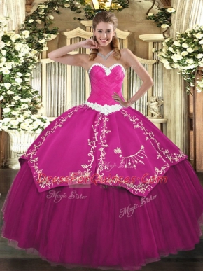 Nice Fuchsia Lace Up Sweetheart Appliques and Embroidery Ball Gown Prom Dress Satin and Tulle Sleeveless