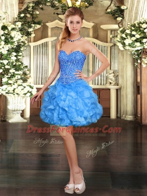 Colorful Baby Blue Sweetheart Lace Up Beading and Ruffles Prom Dresses Sleeveless