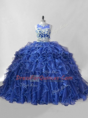 Custom Fit Blue Ball Gown Prom Dress Scoop Sleeveless Brush Train Zipper