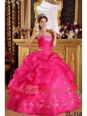 2013 Coral Red Ball Gown Strapless With Floor-length Embroidery Organza Quinceanera Dress