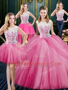 Four Piece Scoop Pick Ups Rose Pink Sleeveless Tulle Zipper 15 Quinceanera Dress for Military Ball and Sweet 16 and Quinceanera