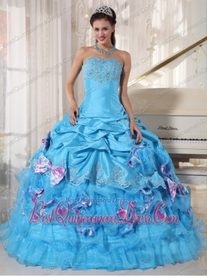 Strapless Aqua Blue Ball Gown Floor-length Organza and Taffeta Appliques Quinceanera Dress