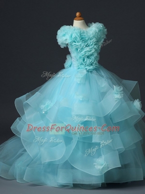 High-neck Sleeveless Child Pageant Dress Floor Length Ruffles and Hand Made Flower Aqua Blue Tulle