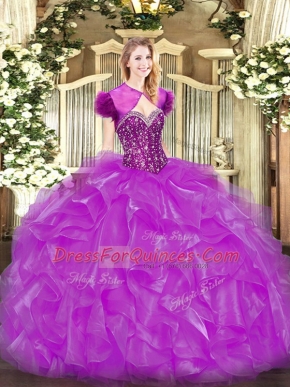 Charming Fuchsia Lace Up Sweetheart Beading and Ruffles 15th Birthday Dress Organza Sleeveless